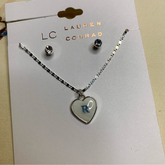 💜 LC Lauren Conrad R Monogram Heart Necklace and Earring Set NWT - Picture 2 of 4